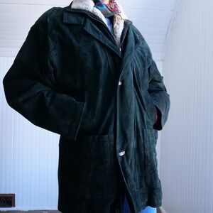 80s/90s/ dark‎ green suede duffel coat with shearling collar